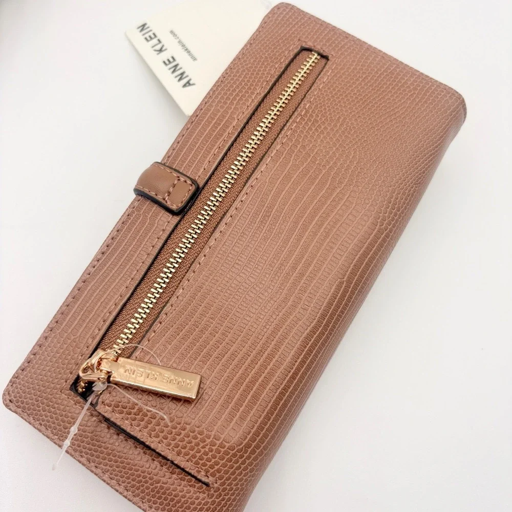 Anne Klein‎ 2 Piece Buckle Wallet Mocha Lizard Embossed Slim Card Case NEW